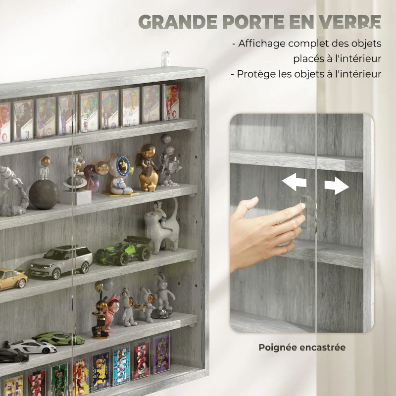 HOMCOM Vitrine murale pour objets de collection 4 étagère réglables en hauteur et 2 portes coulissantes 80 x 9,5 x 60 cm gris