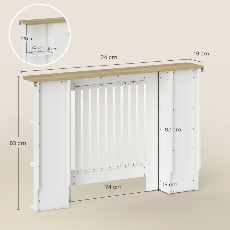 HOMCOM Cache-radiateur avec étagères de rangement ouvertes, couvercle de radiateur en bois à lattes, 124x19x83cm, blanc