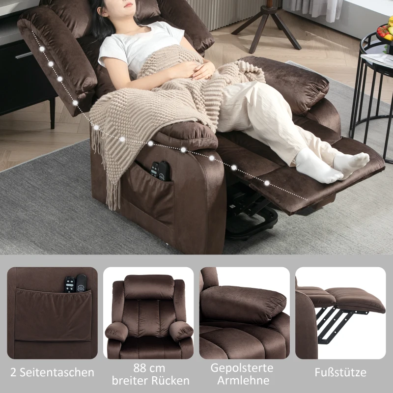 HOMCOM Opsta-fauteuil met massagefunctie en lendenverwarming, relaxfauteuil met afstandsbedieningen en zijzakken, bruin(m-8)