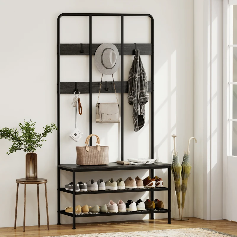 HOMCOM Appendiabiti da Ingresso 3 in 1 con 6 Ganci e Panca con Scarpiera, 91x36x180 cm, Nero