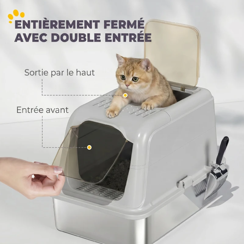 PawHut Maison de Toilette pour Chat Bac à Litière Fermé Bac Acier Inoxydable, Nettoyage Facile, 60,4x40,4x41,8cm, Gris Clair