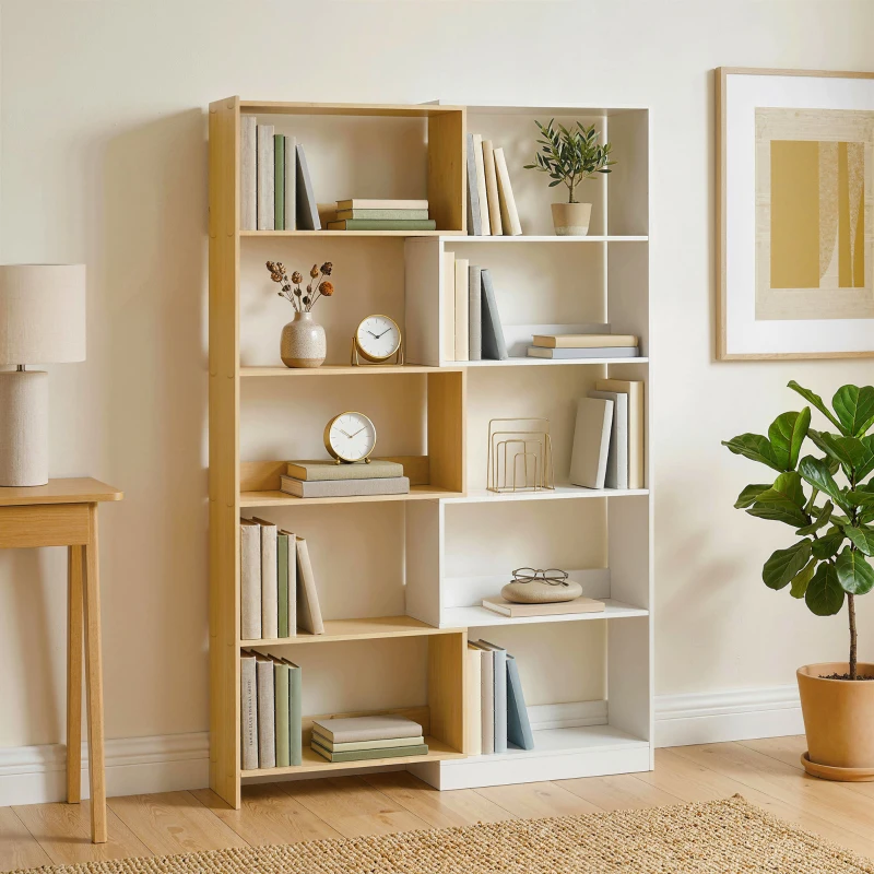 HOMCOM Bibliothèque d'angle rotative 350° à 5 niveaux, étagère de rangement extensible en forme L, 60-111x24x164cm, chêne