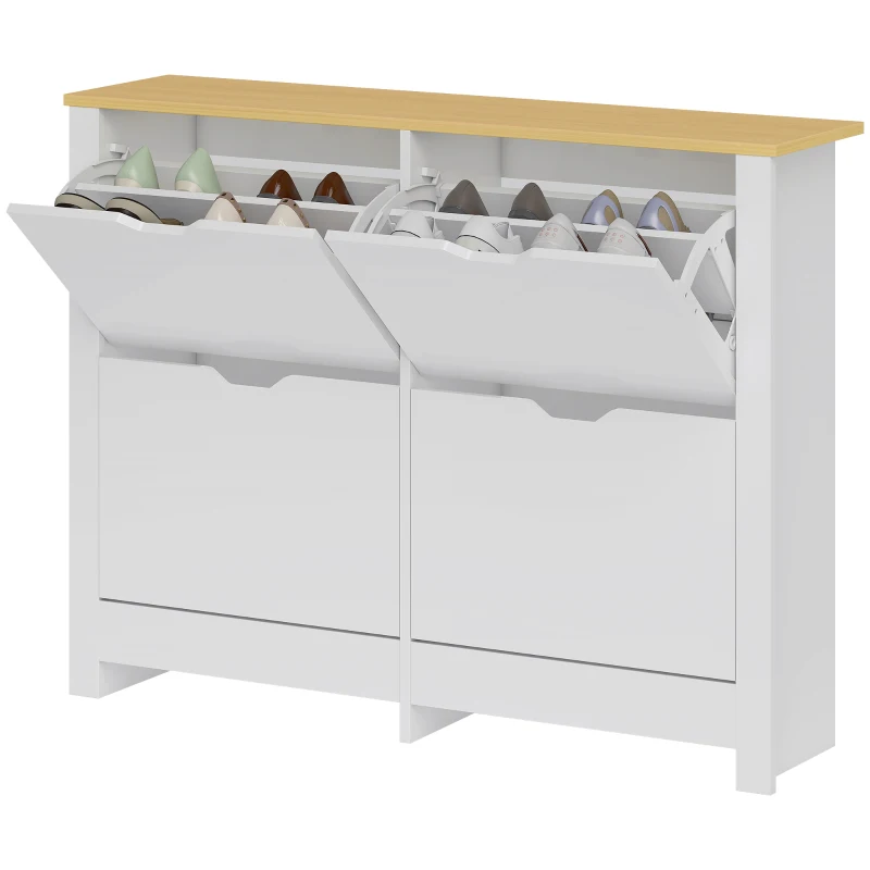 HOMCOM Smalle Schoenenkast met 4 Klapvakken voor 8–16 Paar Schoenen, 105 x 26 x 80 cm, Wit + Natuurlijk hout