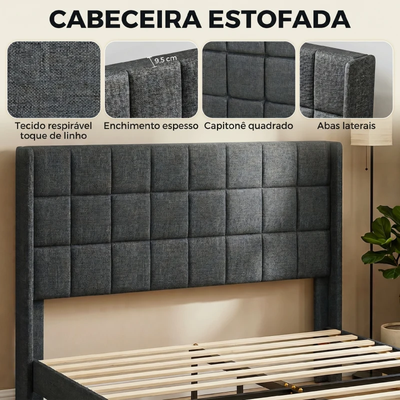 HOMCOM Cama de Casal 135x190 cm com Cabeceira Estofada com Laterais e Arrumação Inferior, Cinzento