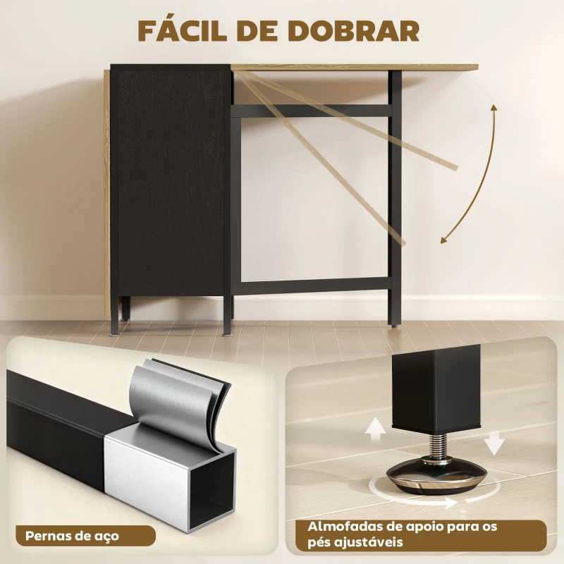 HOMCOM Mesa de Cozinha Dobrável com Arrumação Mesa de Refeição Compacta com 4 Prateleiras 169x60x75 cm Madeira e Preto