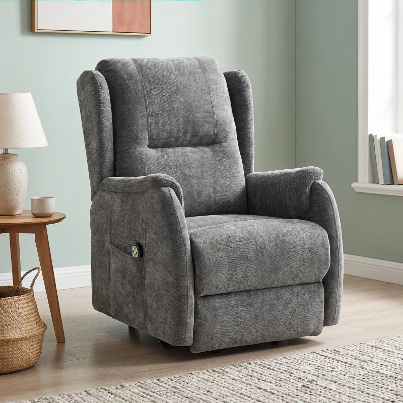 HOMCOM Elektrische relaxfauteuil met sta-op hulp voor senioren, chenille-look, met afstandsbediening en zijvakken, donkergrijs