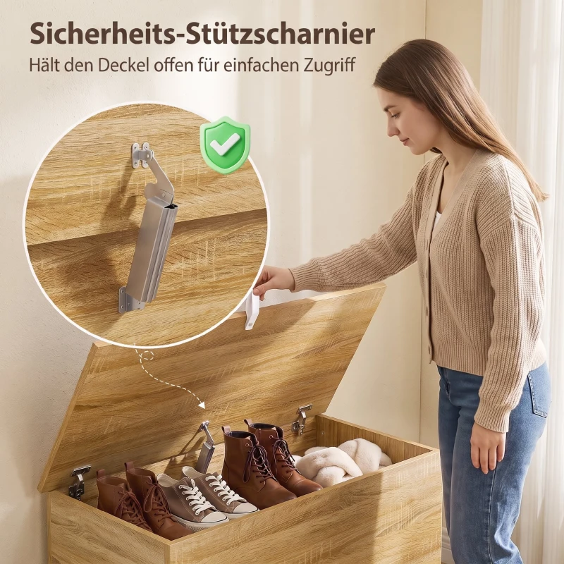 HOMCOM Baú de Arrumação 102 L com Dobradiça de Segurança, Estilo Moderno, para Corredor, Quarto e Sala de Estar, 80x40x45 cm, Carvalho