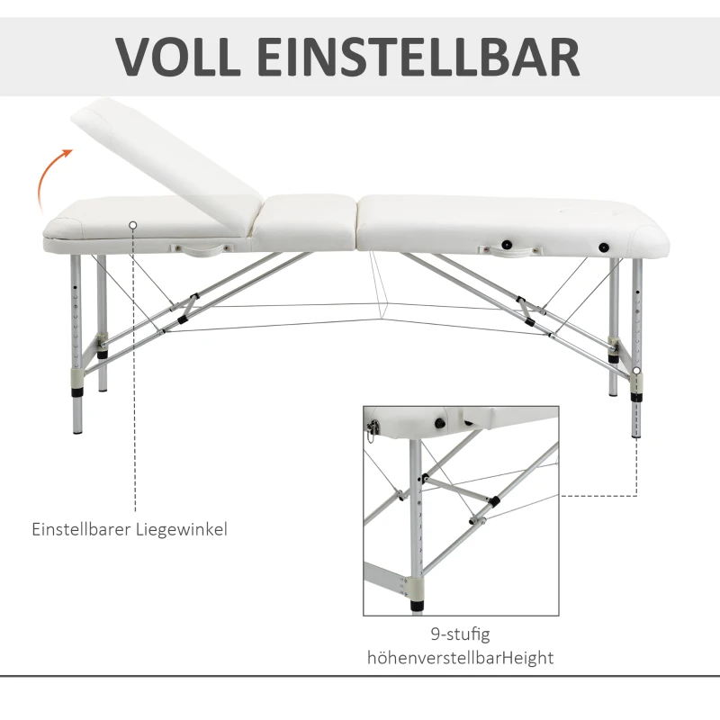 HOMCOM Opvouwbare massagebank, verstelbare cosmetische bank, in hoogte verstelbare massagetafel met hoofdsteun, massagebed van aluminium, schuimrubber en kunststof, wit, 215 x 60 x 61-84 cm