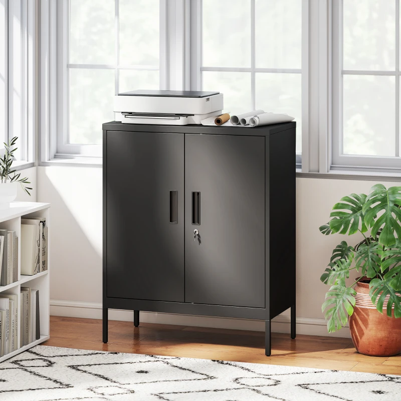 HOMCOM Armoire de Bureau Métallique, 80 x 40 x 100 cm, Meuble de Rangement, Serrure, 2 Portes et 2 Étagères Réglables, Noir