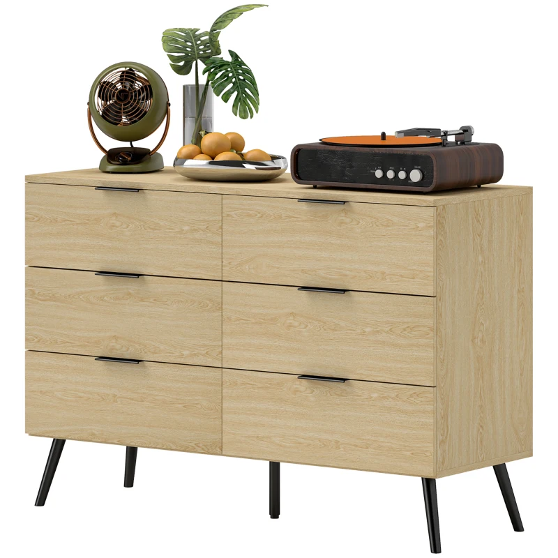HOMCOM Cómoda com 6 Gavetas Cómoda para Dormitório Cómoda Moderna com Desenho Anti-Tombo  110x40x75 cm Carvalho