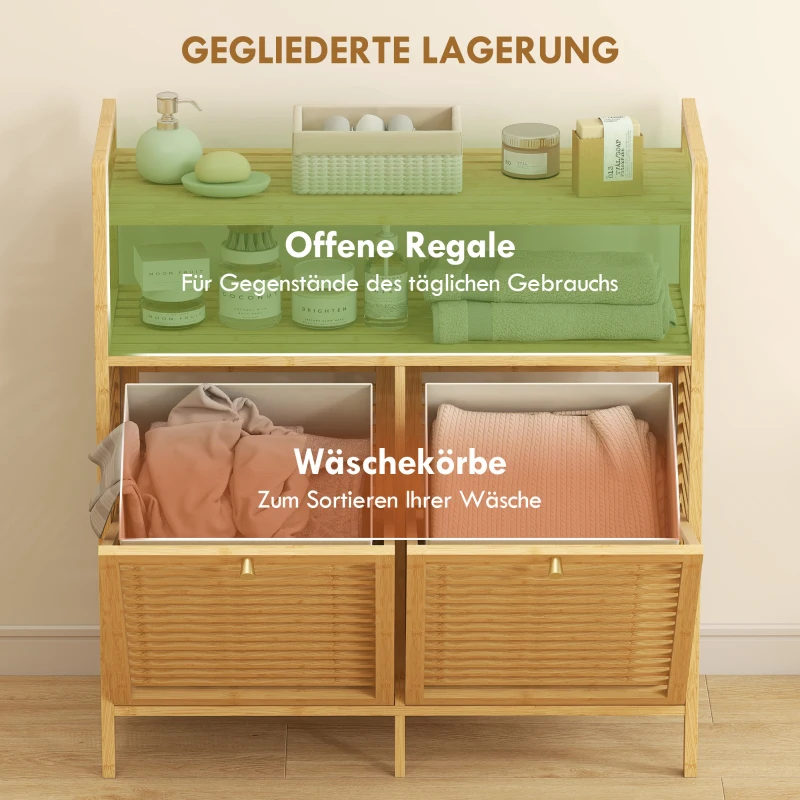 HOMCOM Vrijstaande bamboe waskast met 2 uitneembare wasmanden – badkamer & wasruimte, naturel/cremewit(m-4)