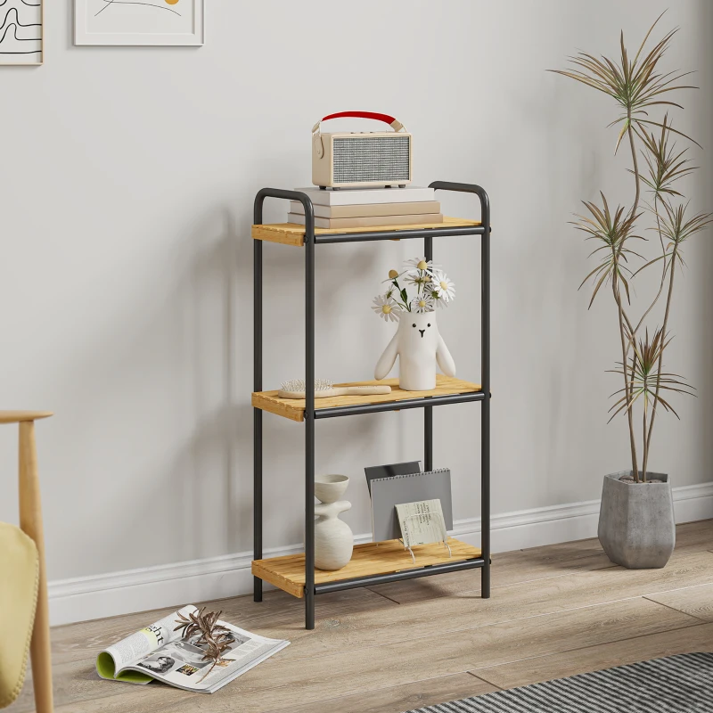 HOMCOM Estantería de Baño de Bambú con 3 Baldas Abiertas Diseño de Lamas y Estructura de Acero 41,5x21,5x77,5 cm Natural