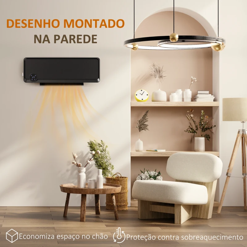 HOMCOM Aquecedor Cerâmico de Parede 1000W/2000W com Controle Remoto Tela LED Temporizador de 12h Termostato 56x18,5x11,7 cm Preto