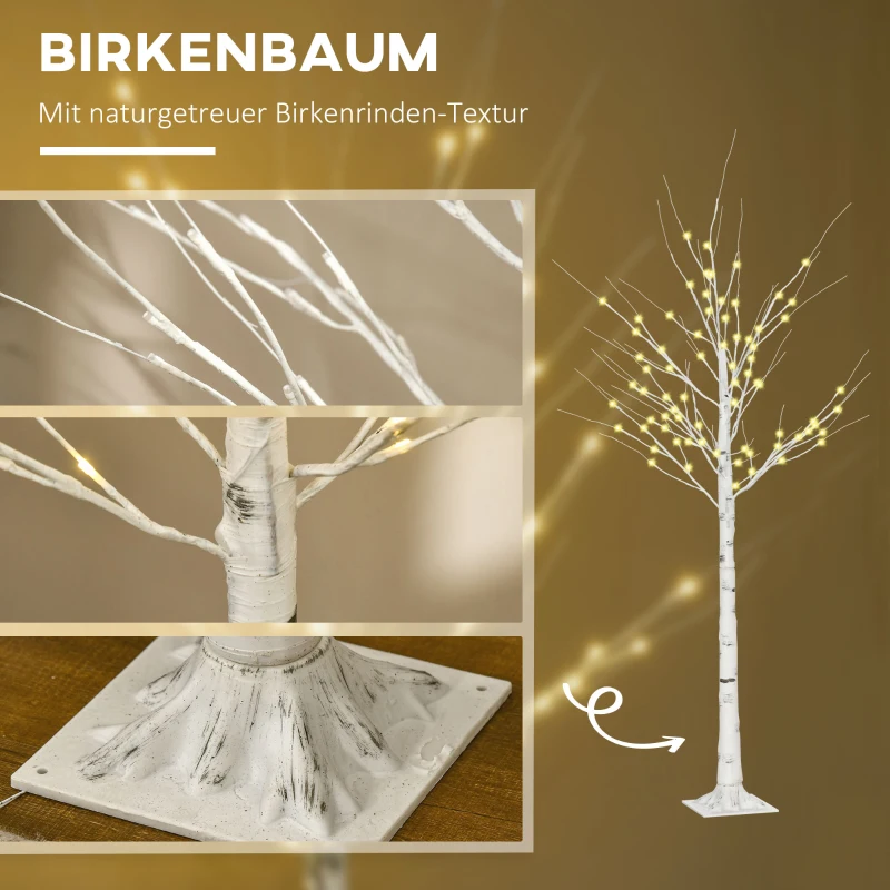 HOMCOM kunstboom, kunsberk, met LED-verlichting, warm wit, realistisch, witte bast, 22 x 22 x 180 cm