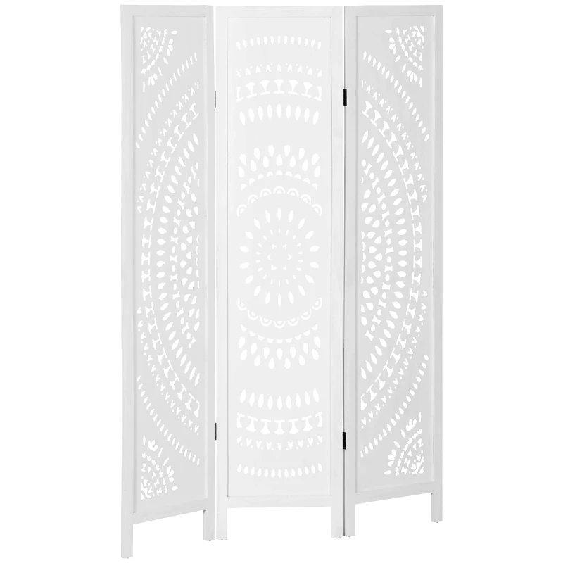 HOMCOM Biombo Dobrável de 3 Painéis de Madeira 120x170 cm Biombo Separador de Ambientes com Padrões Gravados Elegantes Branco