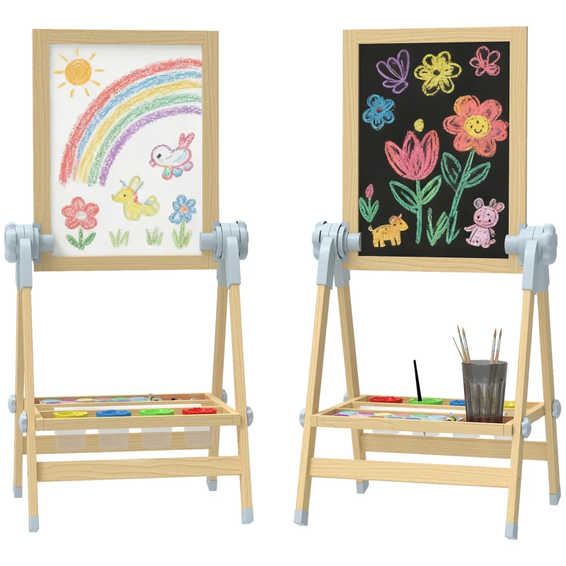 AIYAPLAY Kinderezel van hout, dubbelzijdig whiteboard en krijtbord, in hoogte verstelbaar staand bord met papierrol, opberglade, natuur