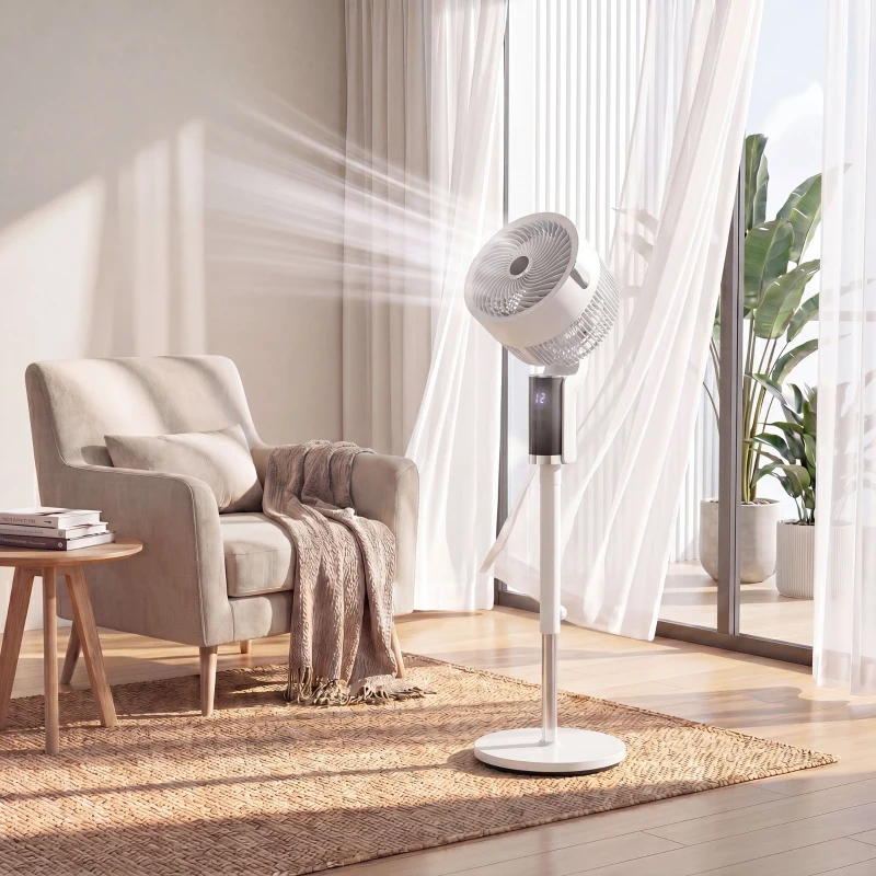 HOMCOM 20 dB Silent Standing Fan for Bedroom, 44" Pedestal Fan with 90° Oscillating, 8 Speeds and LED Light, White
