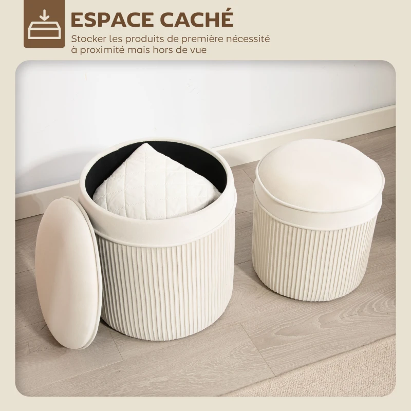 HOMCOM Lot de 2 poufs de rangement en velours, repose-pieds ronds gigognes avec couvercle amovible, Ø 36 et Ø 32 cm, crème