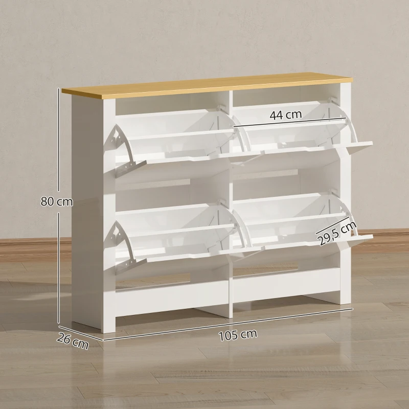 HOMCOM Smalle Schoenenkast met 4 Klapvakken voor 8–16 Paar Schoenen, 105 x 26 x 80 cm, Wit + Natuurlijk hout