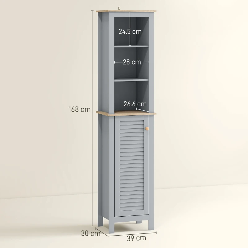kleankin Bathroom Floor Storage Cabinet with 3 Tier Shelf and Cupboard with Door, Free Standing Linen Tower, Tall Slim Side Organizer Shelves, Grey