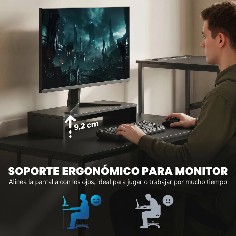 HOMCOM Mesa Gaming Doble de 244 cm con Estación de Carga Puertos USB Soportes para Monitor Cajones de Tela Negro