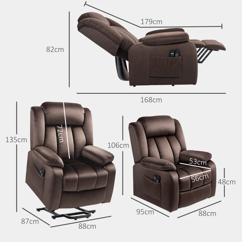 HOMCOM Opsta-fauteuil met massagefunctie en lendenverwarming, relaxfauteuil met afstandsbedieningen en zijzakken, bruin(m-3)