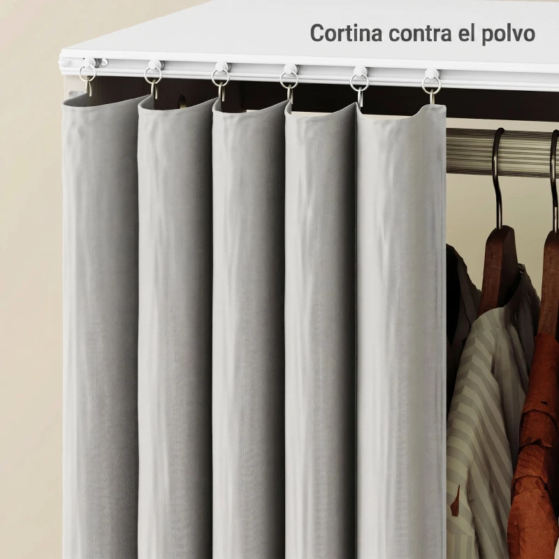 HOMCOM Armario Ropero con Ruedas Cortina Barra para Colgar 3 Estantes Abiertos para Dormitorio 80x40x128 cm Blanco