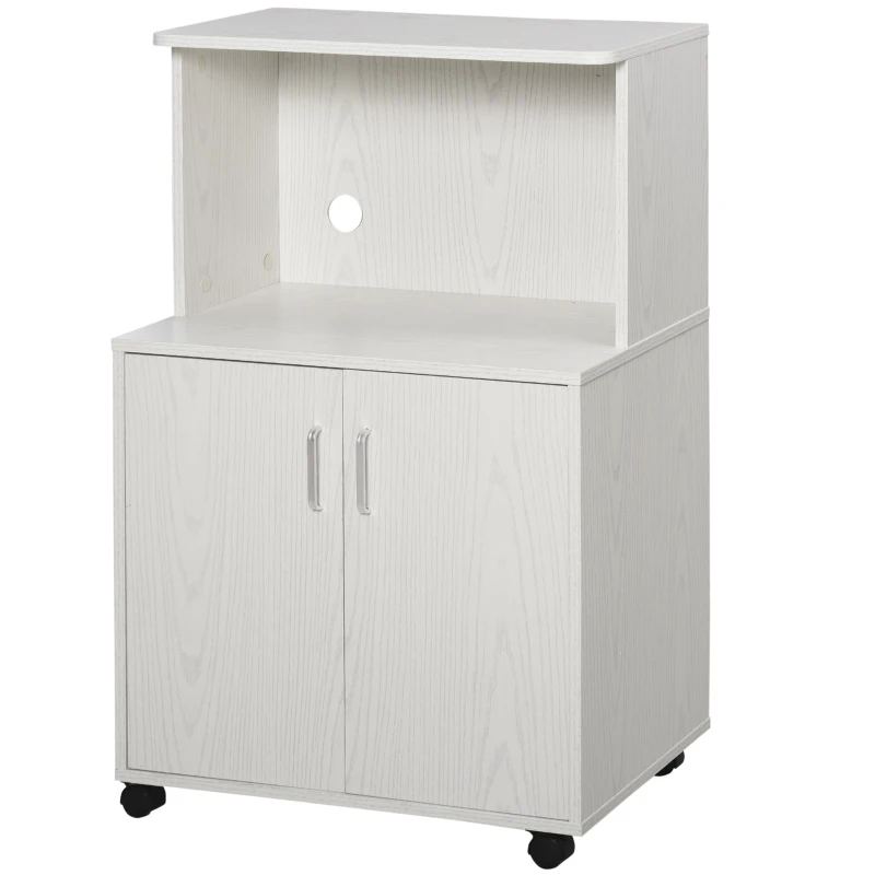 HOMCOM Kitchen Storage Unit, Modern Microwave Stand Trolley Cart, Sideboard with Cabinet,  Locking Wheels, Shelf for Living Room, Dining Room, White