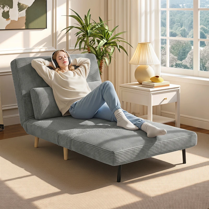 HOMCOM Slaapfauteuil 3-in-1, uitschuifbare fauteuil in cord met slaapfunctie verstelbare rugleuning, kussen donkergrijs