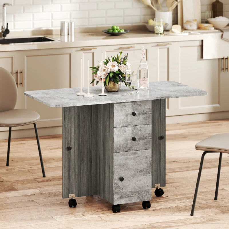 HOMCOM Tavolo Pieghevole con 2 Cassetti e Armadietto, 6 Rotelle e Freni, 120x60x76.5 cm, Grigio Legno e Roccia