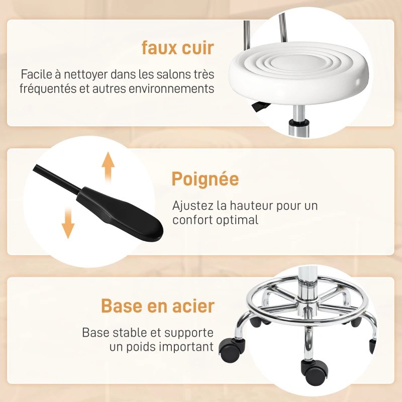 HOMCOM Tabouret à roulettes, tabouret de massage avec hauteur réglable 70-86 cm et dossier, pivotant 360°, blanc
