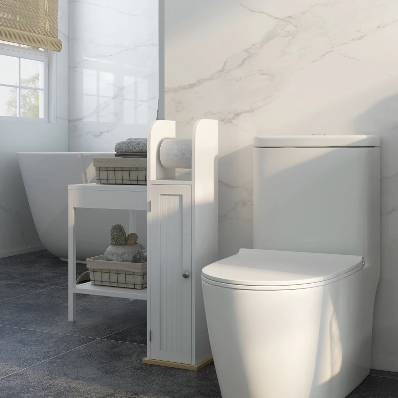 kleankin Mobile Bagno Stretto, Mobiletto Bagno Salvaspazio con Porta Carta Igienica, Ripiani Regolabili, per Lavanderia, Moderno, 20x20x80 cm, Bianco