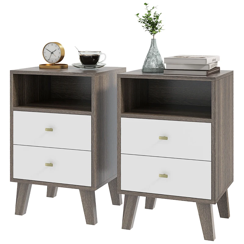 HOMCOM Industrial-Scandinavian Mix Bedside Table, with Drawers and Shelf