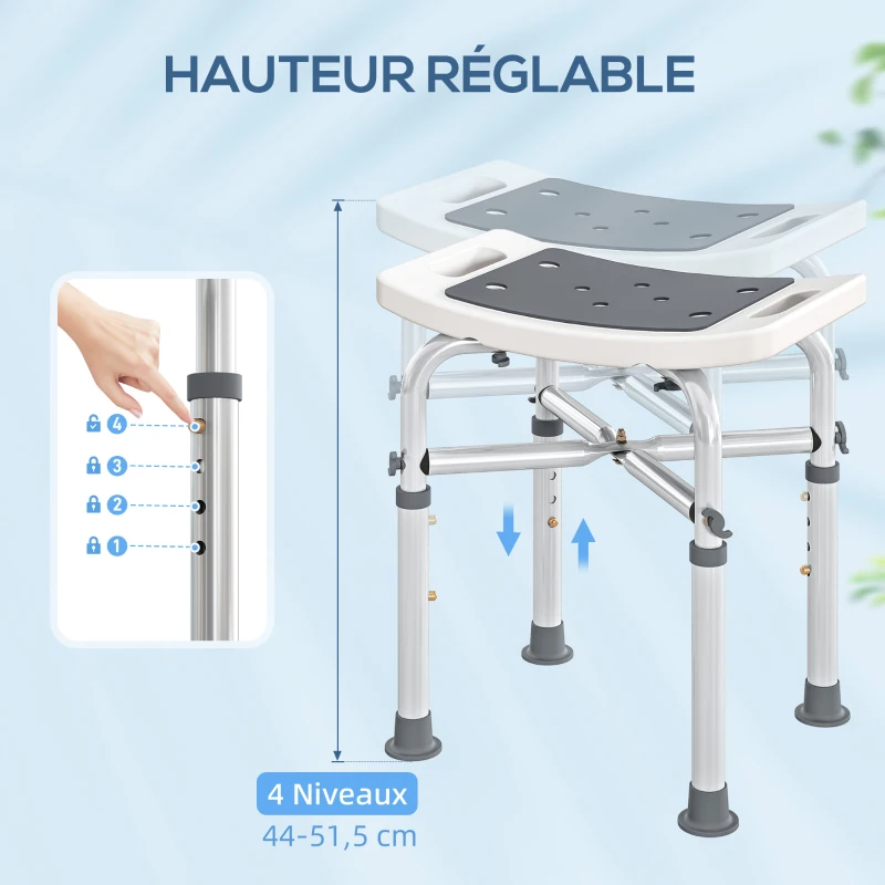 HOMCOM Tabouret de douche chaise de douche - assise rembourré et réglable, patins à ventouses antidérapants, en aluminium gris