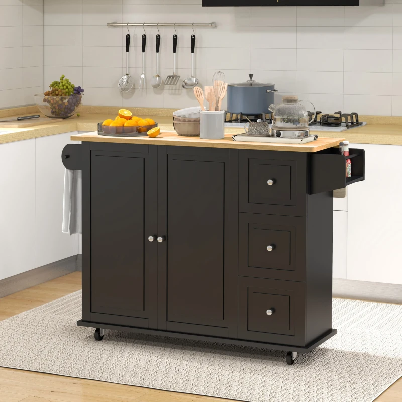 HOMCOM Kitchen Island with Drop Leaf, Rolling Kitchen Storage Trolley on Wheels with 3 Drawers, Black