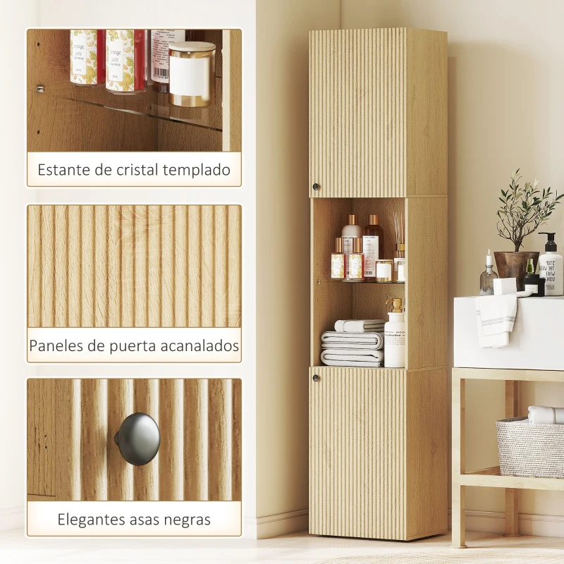 HOMCOM Armario de Baño Alto de 6 Niveles con 2 Puertas Estante de Vidrio Templado Estantes Ajustables 40x31x182 cm Roble