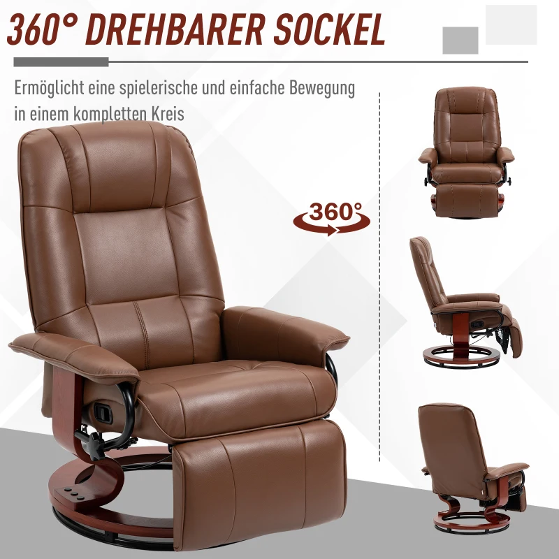 HOMCOM Relaxfauteuil met Voetensteun, 145° Verstelbare Rugleuning, 360° Draaibaar, Kunstleer, Houten Onderstel, tot 120 kg, Bruin(m-5)