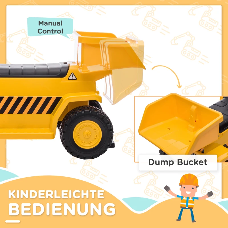 HOMCOM Elektrische kiepwagen voor kinderen, kantelbare laadruimte, max. 3 km/h, koplamp, claxon, geel, 74,5 x 36 x 43,5 cm