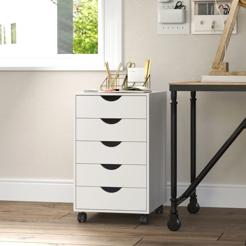 HOMCOM Cassettiera da Ufficio a 5 Cassetti con Ruote Girevoli con Freni, 40x40x67 cm, Bianco