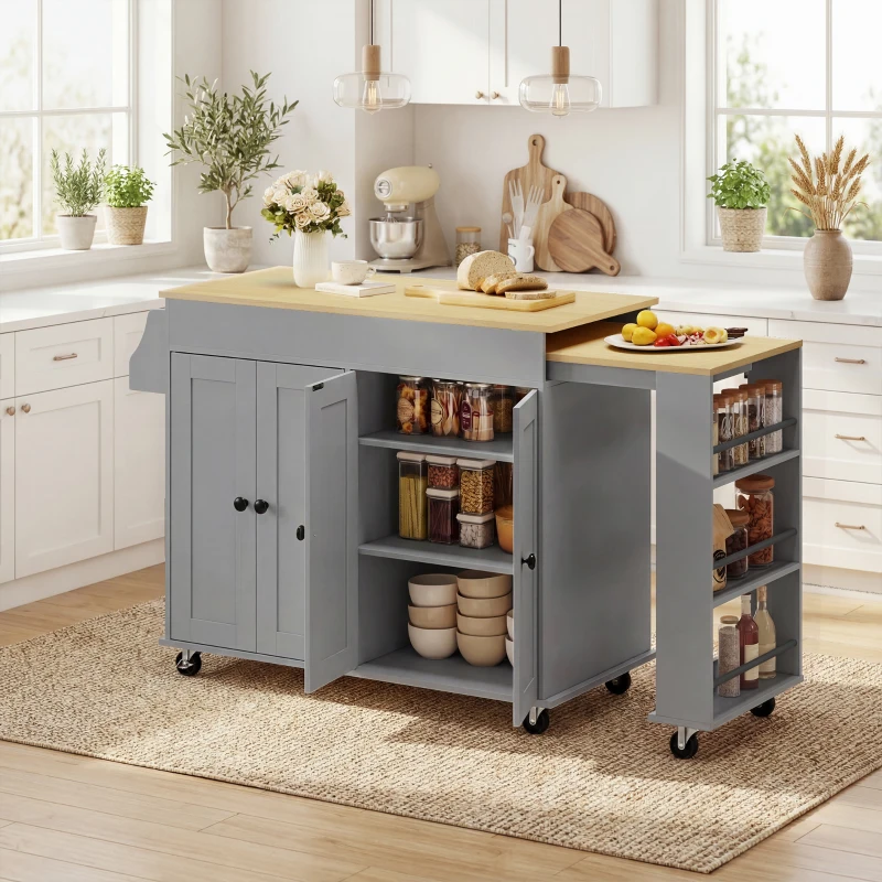 HOMCOM Isla de Cocina con Ruedas Encimera Extensible 4 Puertas Estantes Ajustables Especiero y Soporte para Toallas Gris