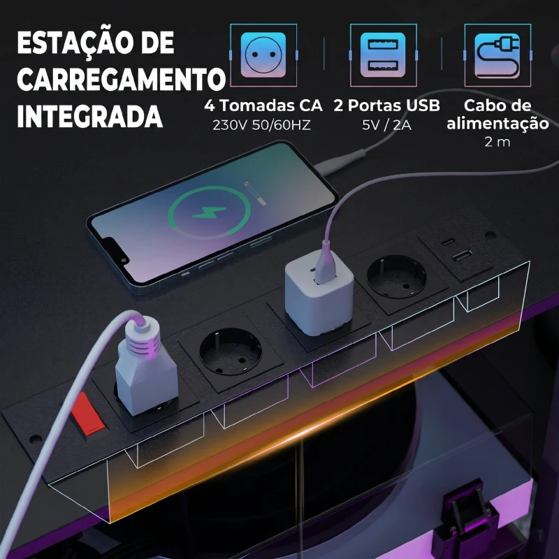 HOMCOM Mesa Gaming Dupla de 244 cm com Estação de Carga Portos USB Suportes para Monitor Gavetas de Tecido Preto