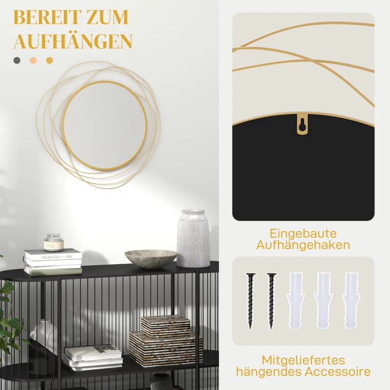 HOMCOM Wanddecoratie, ronde wandspiegel, metalen lijst, Φ65 cm, Kleur: Goud