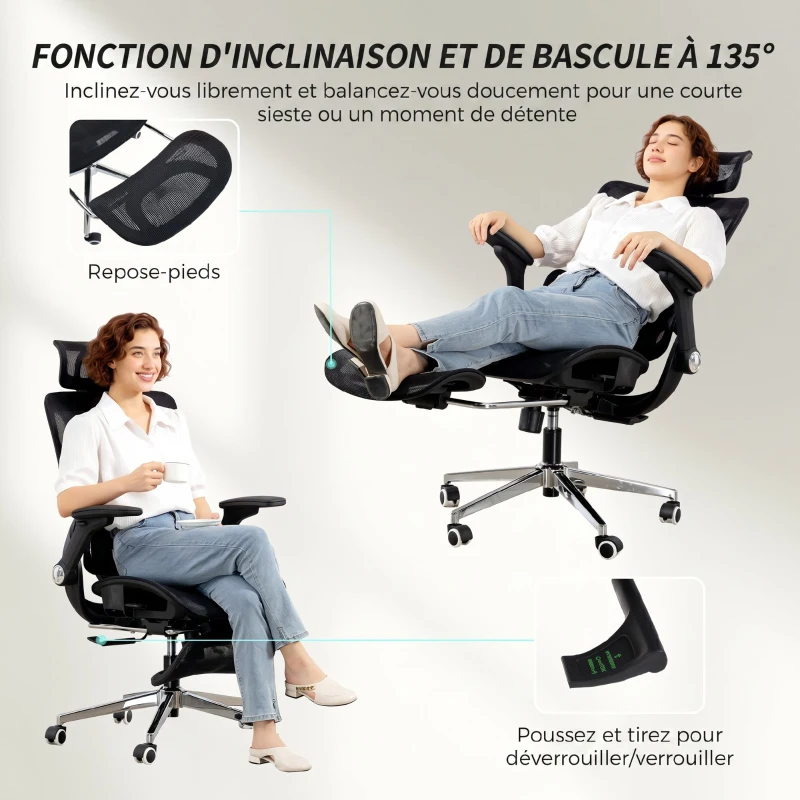 HOMCOM Chaise Bureau Ergonomique avec Accoudoirs 4D Appui-Tête et Profondeur d'Assise Réglables Maille Noir