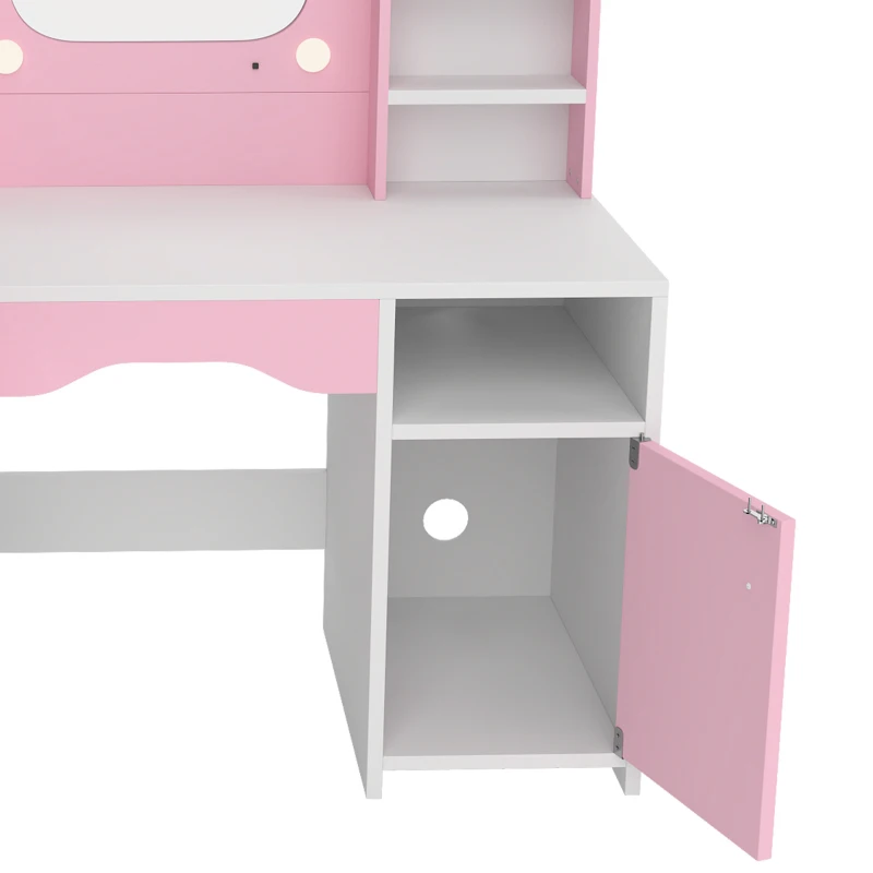 AIYAPLAY Tocador de Maquillaje Niña con Espejo de LED de 2 Colores Taburete 2 Armarios Cajón Estantes Compartimento Rosa