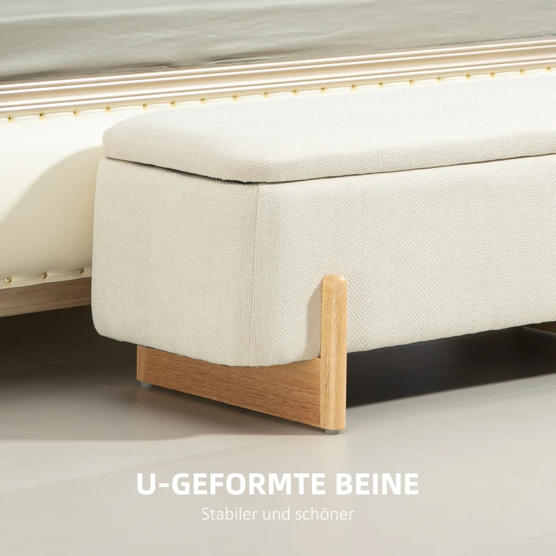 HOMCOM Bank met opbergruimte, gestoffeerde bank in linnenlook, opbergbank met veiligheidsscharnieren, houten poten, bedbank/opbergkist voor woonkamer, slaapkamer of hal, 111 x 44 x 44,5 cm, crèmewit(m-6)