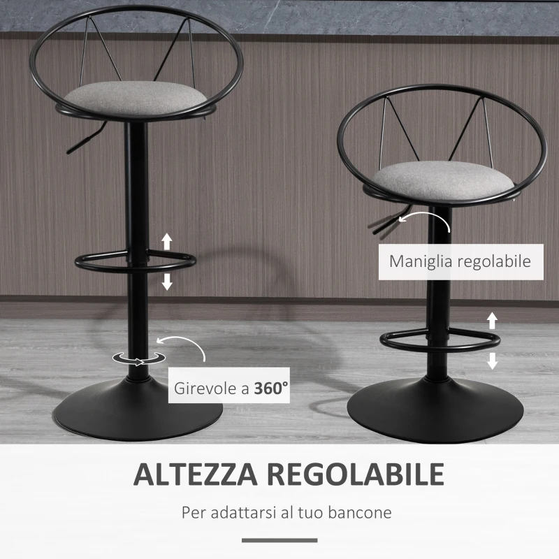 HOMCOM Set 2 Sgabelli Bar con Schienale e Poggiapiedi, Altezza Regolabile e Seduta Imbottita, Grigio