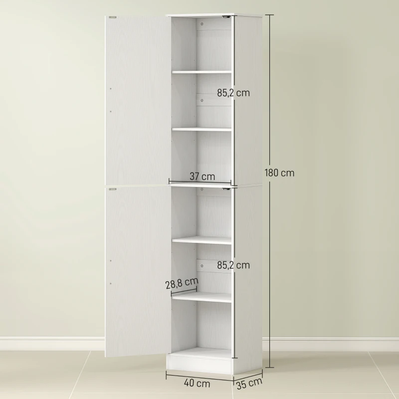 HOMCOM Mobile Colonna Bagno a 2 Armadietti con 6 Ripiani Regolabili, in Legno, 40x35x180 cm, Bianco