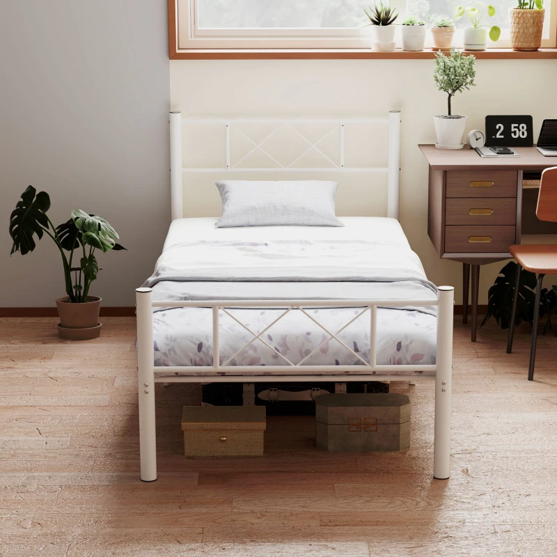 HOMCOM Eenpersoonsbedframe met Hoog Hoofdeinde, Eenvoudige Montage, Opbergruimte onder het Bed, Staal, Wit