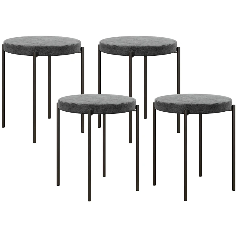 HOMCOM Keukenkrukken 4-stuks Set, Stapelbaar, Fluweeloptiek, tot 100kg, Metalen Frame, 41,5 x 41,5 x 46 cm, Donkergrijs(m-10)