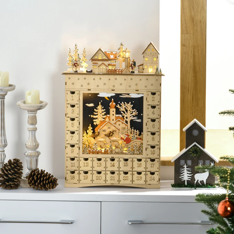 HOMCOM Adventskalender om te vullen 24 lades vakjes kerstkalender met LED-lichtjes natuurhout 36 x 9 x 52 cm